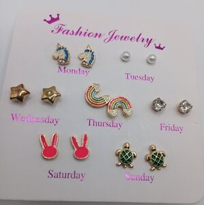 Days of the Week Earring Set for Girls (Unicorn, Stars and Bunnies Variety)